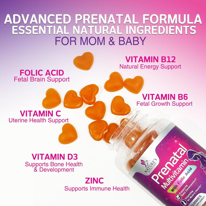 Nature's Prenatal Multivitamin Gummy with Folic Acid, Prenatal Vitamins w/Folate, Choline, Vitamin A, C, D3, B12 & B6, Before, During & After Pregnancy Vitamins for Women