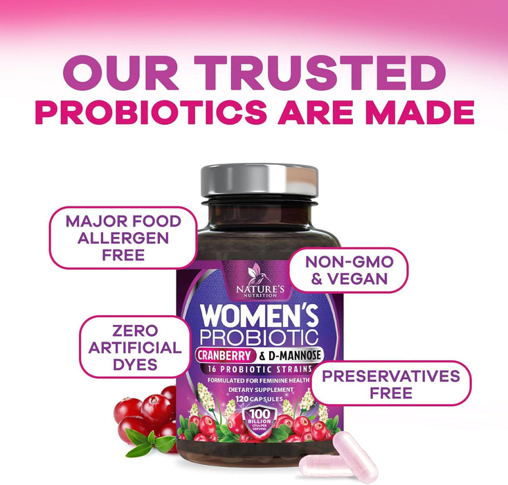 Probiotics for Women 60 Billion CFU - 16 Strains, Prebiotics & Cranberry, PH Balance, Digestive Health, Vaginal & Immune Support, Womens Probiotic for Gut Health, Shelf Stable - 120 Capsules