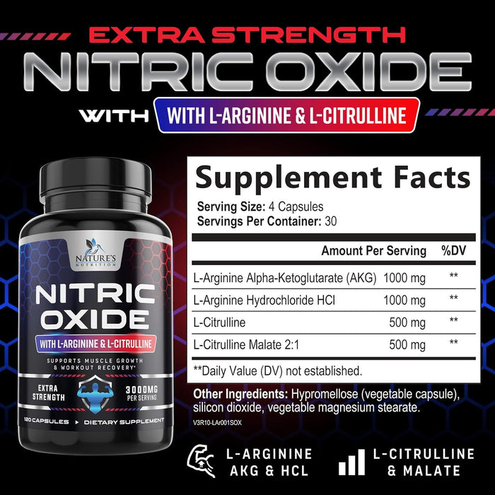 Nitric Oxide Booster Extra Strength 3000mg - L Arginine 3X Strength Nitric Oxide Supplements for Men and Women, Citrulline, Supports Muscle, Heart Health & Energy Supplement, Non-GMO - 120 Capsules