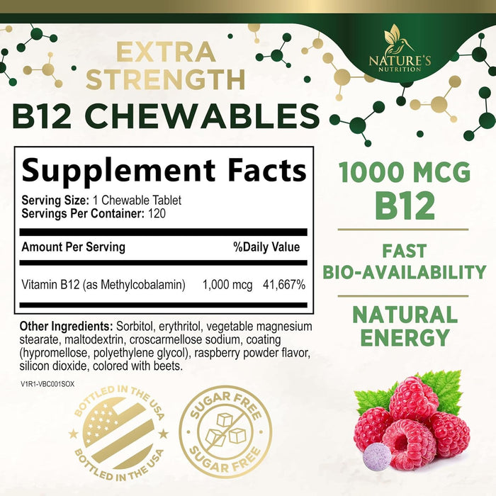 Vitamin B 12 Complex Supplement 1,000 mcg - Fast Dissolve Chewable for Energy & Nervous System Health Support - Maximum Strength Dietary Supports for Women & Men - B12 Vitamins