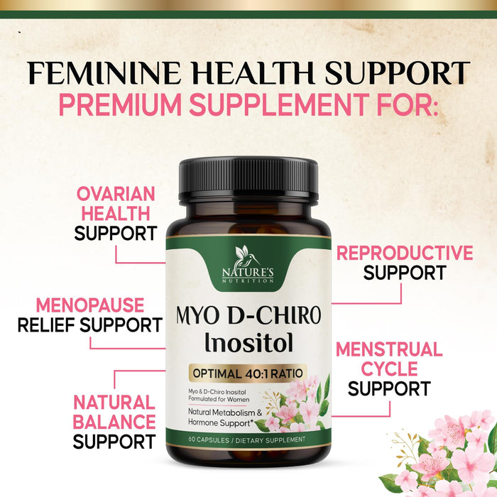 Myo-Inositol & D-Chiro Inositol 1025mg - 40:1 Ideal Ratio for Ovarian Support, Vegan Myo & D Chiro Supplement for Women's Natural Balance and Hormone Support, Vitamin B8, Non-GMO - 60 Capsules