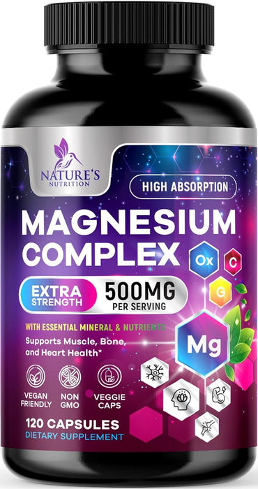 Magnesium Complex 500mg with Glycinate, Malate, Citrate, Oxide - High Absorption Chelated Magnesium Capsules - Dietary Supplement for Muscle, Heart, Bone Support