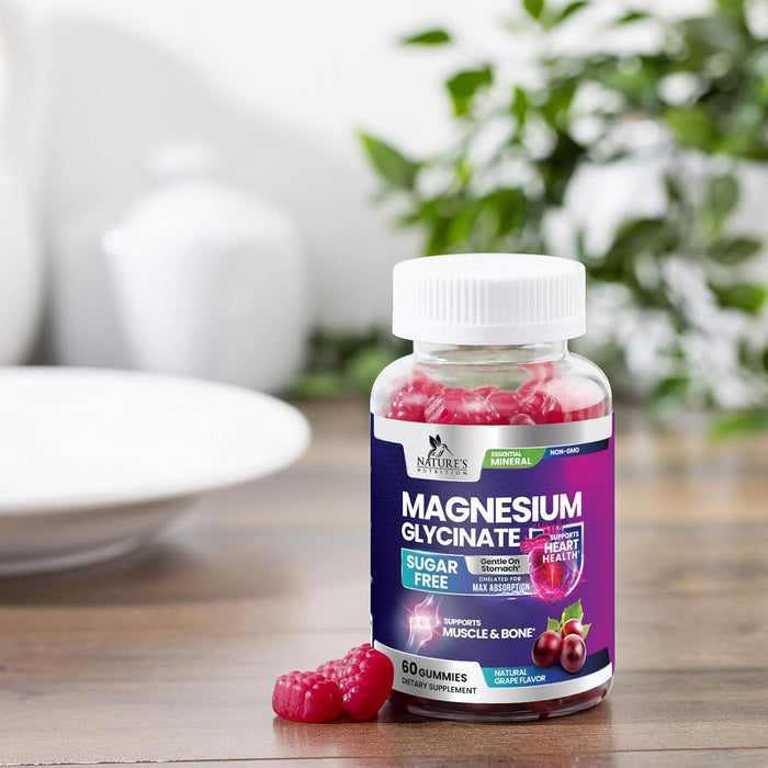 Magnesium Glycinate Supplement Gummies - Magnesium Supplement with Bone Muscle & Heart Health Support - Gentle on Stomach & Chelated for Max Absorption - Non-GMO Grape Flavor & Sugar Free