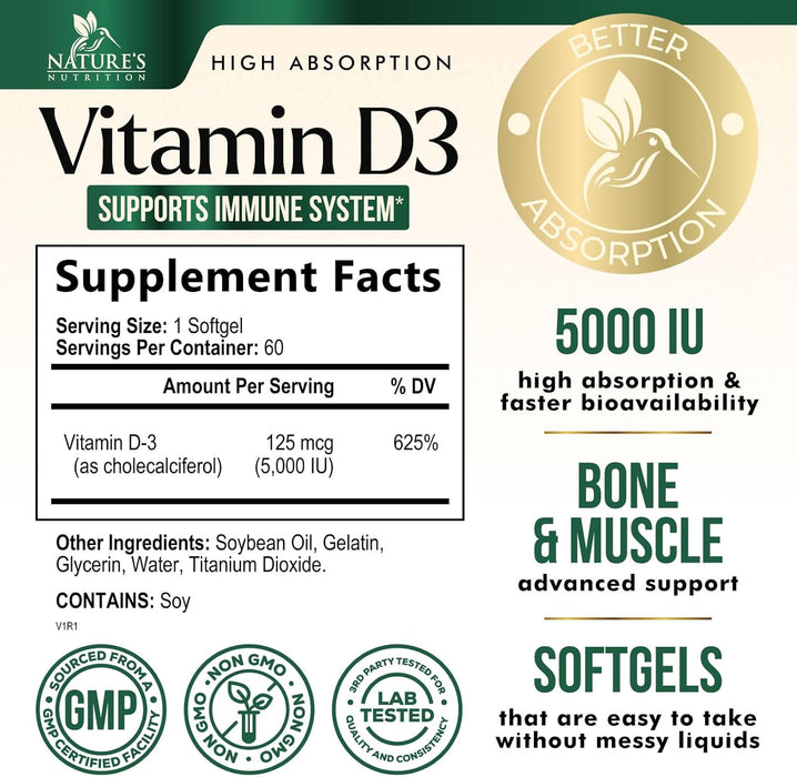 Vitamin D3 5000 IU (125 mcg) - High Potency Vitamin D-3 Supplement (2 Month Supply) for Bone, Teeth, Muscle and Immune Health Support - Dietary Supplement, Gluten Free, Non-GMO