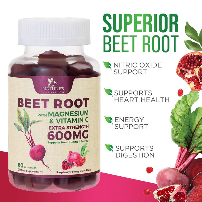 Beet Chews Gummies with Beetroot - Energy & Heart Health Support, Natural Nitric Oxide Production Support, Superfood Beets Gummy Soft Chews Supplement - Pomegranate Flavor