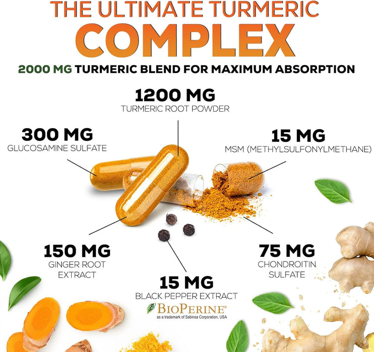 Turmeric Curcumin with BioPerine, Ginger & Glucosamine 95% Curcuminoids 2000mg Black Pepper for Max Absorption Joint Support, Nature's Tumeric Herbal Extract Supplement, Vegan, Non-GMO