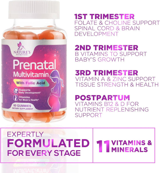 Nature's Prenatal Multivitamin Gummy with Folic Acid, Prenatal Vitamins w/Folate, Choline, Vitamin A, C, D3, B12 & B6, Before, During & After Pregnancy Vitamins for Women