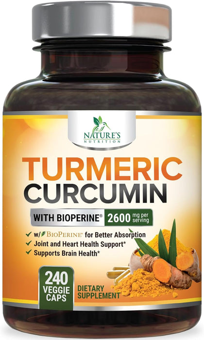 Turmeric Curcumin Supplement with BioPerine 95% Curcuminoids 2600mg with Black Pepper for Best Absorption, Bottled in USA, Best Natural Vegan Joint Support, Nature's Tumeric Capsules