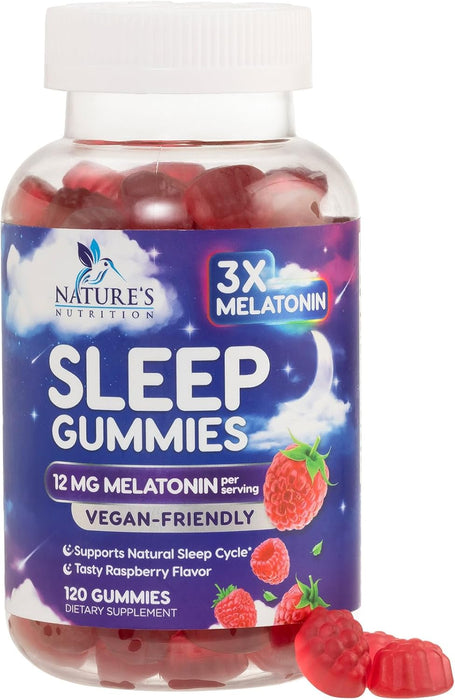 Sleep Melatonin Gummies, Extra Strength Natural Melatonin Gummy 12mg, Nature's Berry Flavor, Sleep Support Vitamin Supplement for Adults, Non-GMO, Vegan