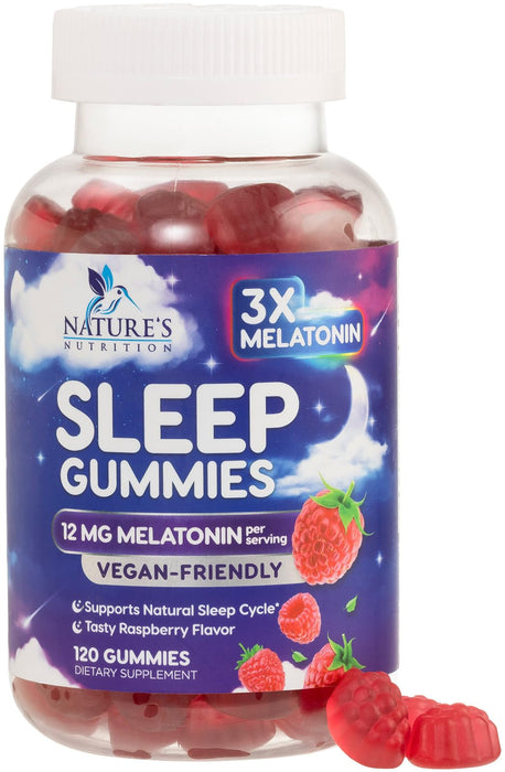 Melatonin Sleep Gummies 12 mg, Vegan, Raspberry Flavor, 120 Gummies