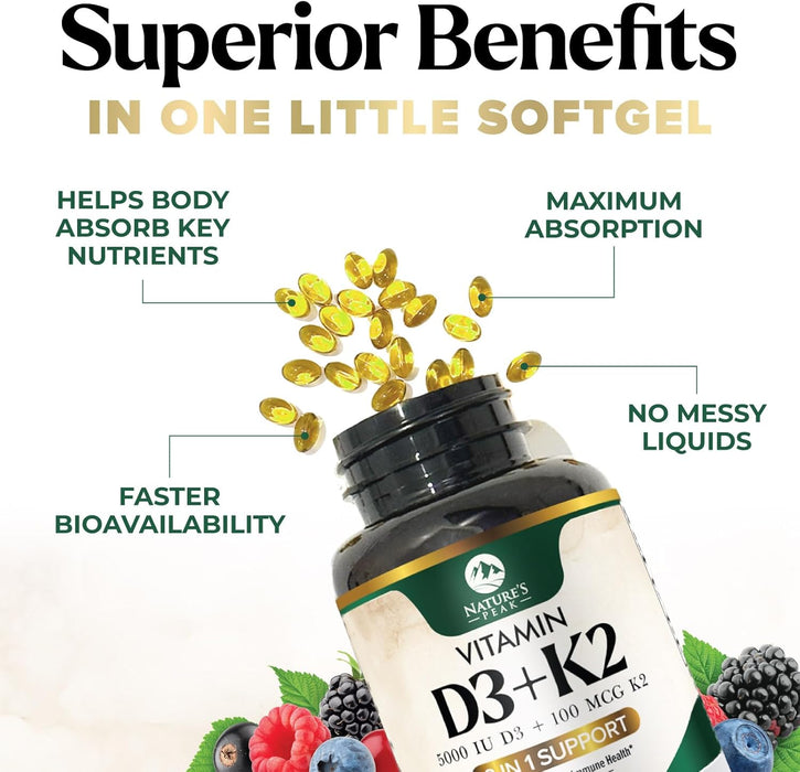 Vitamin D3 K2 Supplement | 5000 IU Vitamin D3 & 100 mcg Vitamin K2, 2 in 1 Vitamin D with K2 Complex Softgels, Support Immune, Heart, Joint, Teeth & Bone Health, Easy to Swallow, Non-GMO