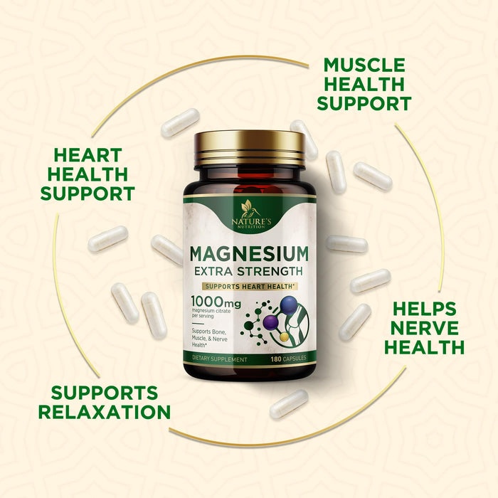Magnesium Supplement (Citrate Oxide) 1000mg for Best Absorption, Supports Bone, Heart Health, Nerves, Muscles & Metabolism, Nature's Pure Magnesio Vitamin Pills, Bottled in USA, 180 Capsules