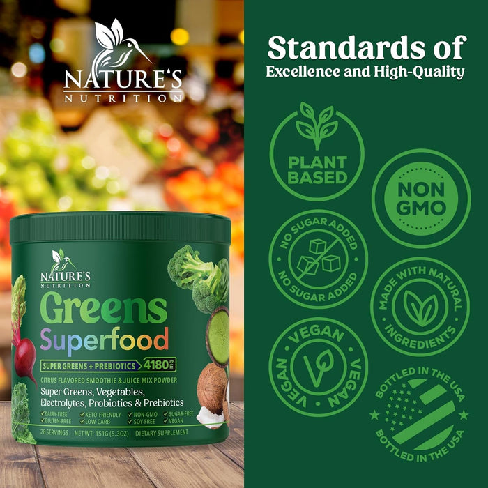 Organic Super Greens Powder Superfood - Original Organic Greens Superfood Smoothie Mix Powder, Antioxidants & Probiotics, Spirulina, Chlorella, Whole Foods, Digestive & Gut Health Support, 28 Servings