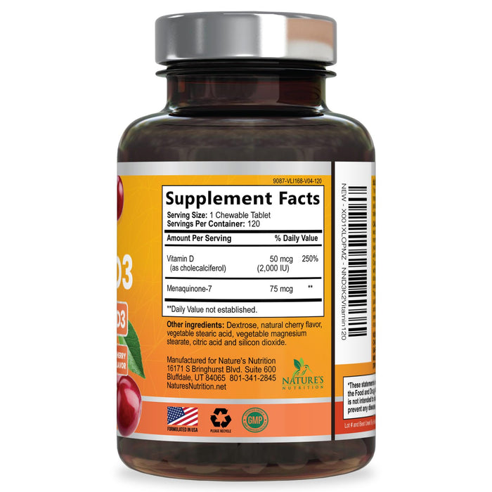 Vitamin D3 + K2 (MK-7) 2000 IU + 75 mcg - 120 Chewable Tablets