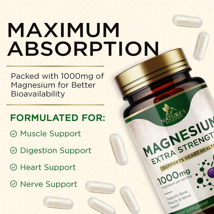 Magnesium Pills Extra Strength 1000mg - Chelated for Ultra Absorption, Magnesium Supplement for Bone, Muscle Health & Heart Support, Nature's Citrate Oxide Magnesio Vitamins, Non-GMO