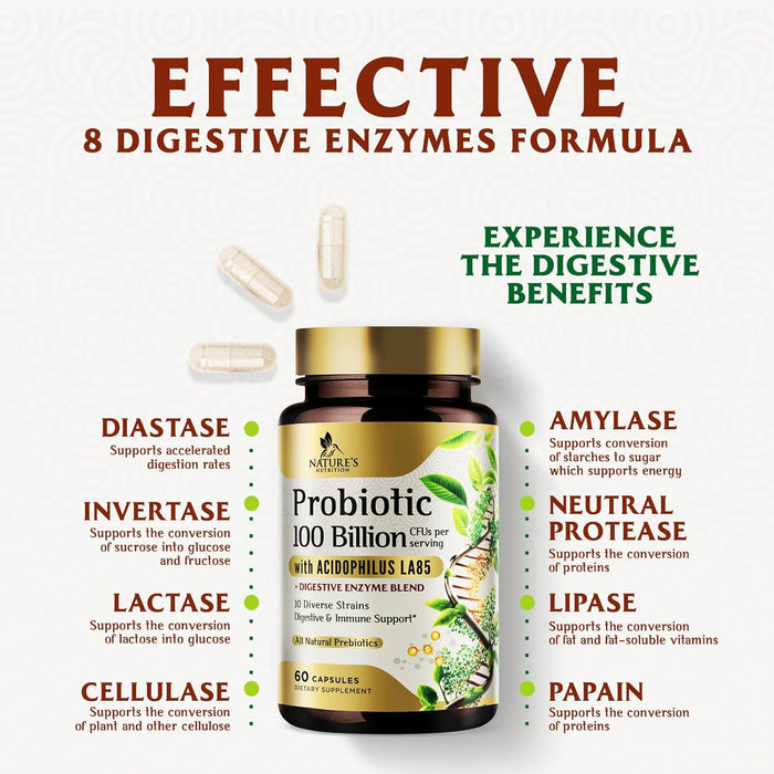 Probiotics for Women & Men - 100 Billion CFU 10 Strains + Prebiotics - Digestive Health, Gut & Immune Support - Support for Occasional Constipation, Gas & Bloating - Non-GMO Shelf Stable - 60 Capsules