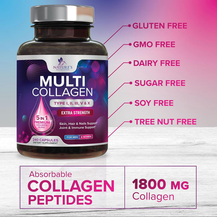 Collagen for Women & Men - Type I, II, III, V, X Collagen PillsComplex, Grass Fed Non-GMO, Nature's Hydrolyzed Multi Collagen Peptides Supplement, Hair, Skin, Nail, Joint Health Support