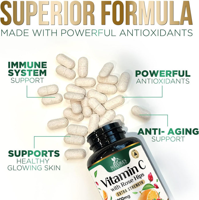 Vitamin C Chewable 1000mg - Extra Strength Antioxidants for Powerful Immune Support w/Vitamin C & Rose HIPS - Potent Dietary VIT C Chews Supplement, Natural, Vegan, Gluten-Free, Non-GMO - 120 Tablets