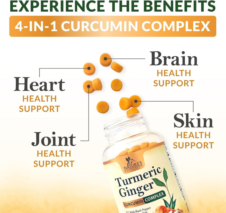 Turmeric Curcumin & Ginger Gummies 95% Curcuminoids with Black Pepper Extract for Max Absorption Joint Support, Nature's Tumeric Herbal Extract Supplement, Vegan Gummy Capsules, Non-GMO