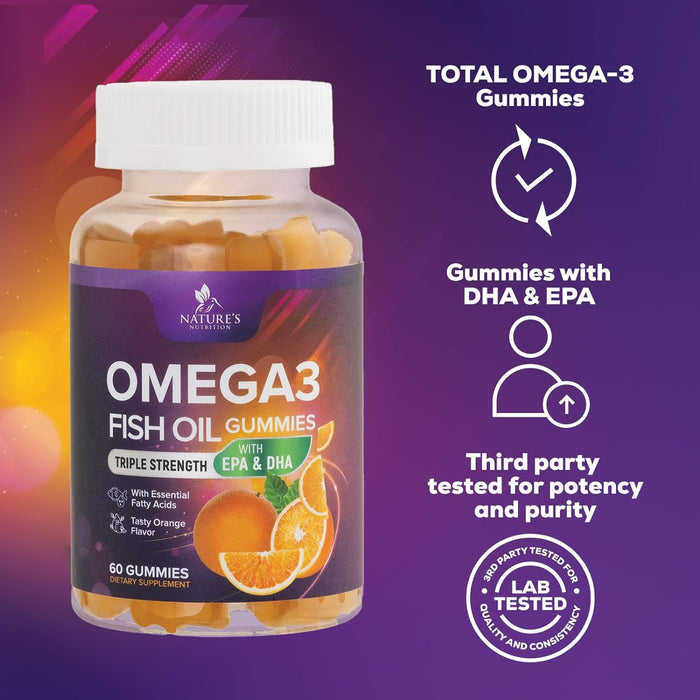 Omega 3 Fish Oil Gummies for Adults, Heart Healthy Omega 3 Supplement Gummies with DHA & EPA, Extra Strength Joint & Brain Support Omega3 Fish Oil Gummy Vitamin, Orange Flavor