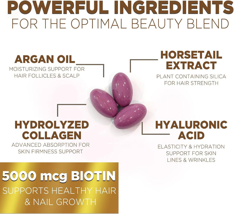 Hair Vitamins for Women, Ultra Strength 5000mcg Biotin Collagen & More - Premium Hair Growth, Skin, Nails & Keratin Support Supplement, Infused with Argan Oil & Hyaluronic Acid, Non-GMO - 120 Softgels