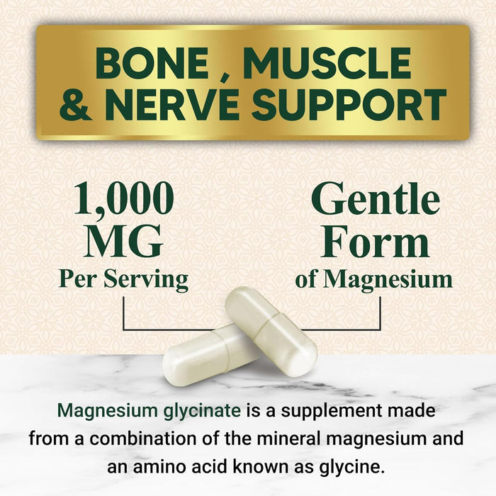 Magnesium Glycinate Supplement 1000mg - Chelated Magnesium Glycinate for Heart, Nerves, Bone and Muscles Support, High Absorption Magnesium Supplement for Men and Women, Vegan, Non-GMO