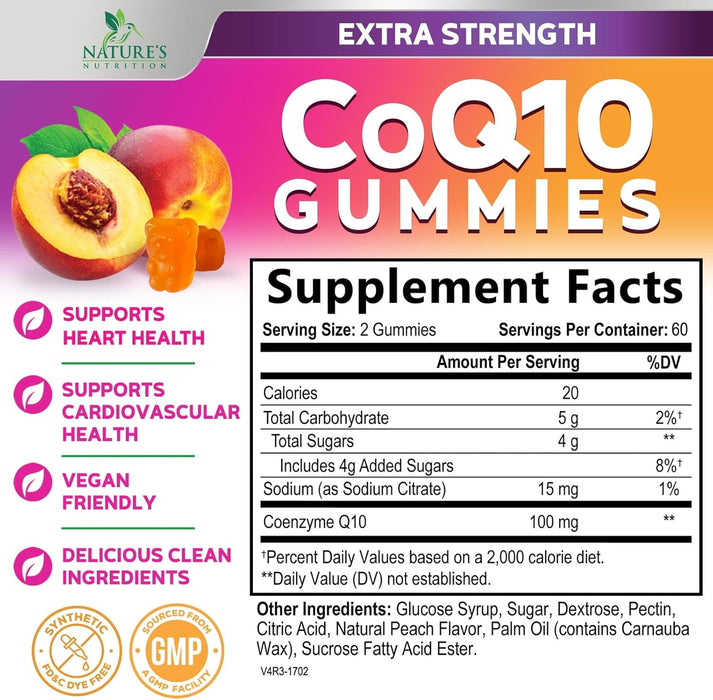 Nature's Nutrition CoQ10 Gummies 100mg – High Absorption Coenzyme Q10 Supplement for Heart Health, Energy & Antioxidant Support – Peach Flavor Gummy, Vegan, Non-GMO, Gluten Free – 120 Count