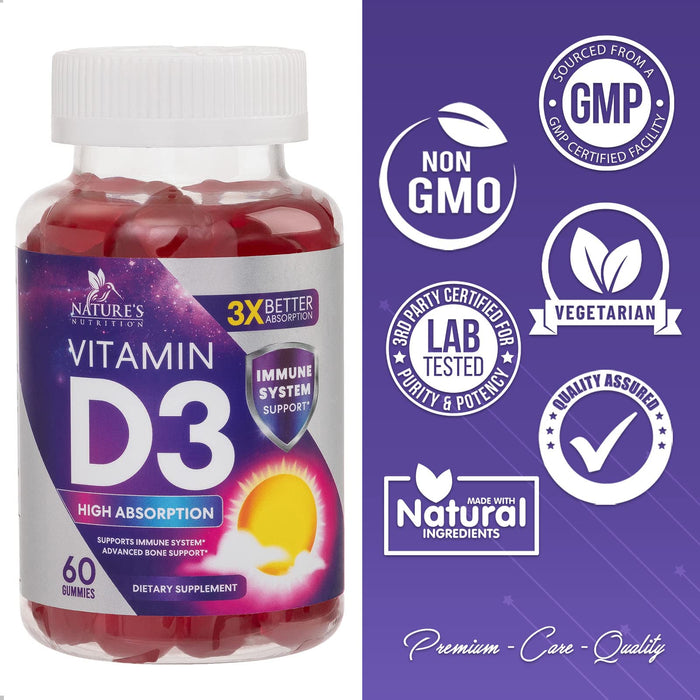 Vitamin D3 Gummy Vitamins Extra Strength 5000 IU (125 mcg) High Potency Vita D Gummies Dietary Supplement - Bone, Teeth, Muscle & Immune Support, Nature's Vitamin D Supplement, Non-GMO