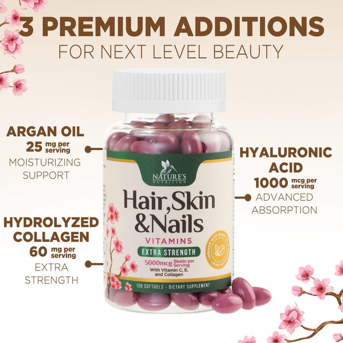Hair Vitamins Biotin 5000 mcg Collagen for Hair Skin and Nails Vitamin Nature's â€“ 120 Softgels