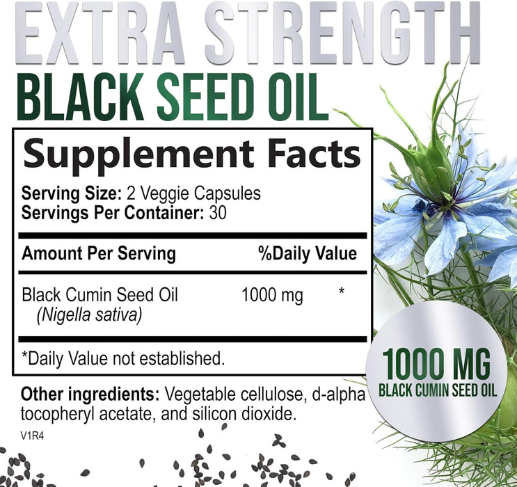 Black Seed Oil Capsules 1000mg - Vegan Cold-Pressed Nigella Sativa Black Seed Oil, Nature's Pure Black Cumin Seed Oil for Immune, Hair and Brain Support, Non-GMO