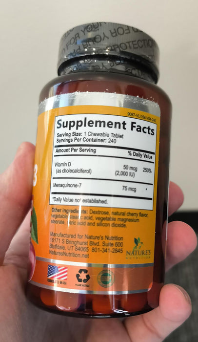 Vitamin D3 + K2 (MK-7) 2000 IU + 50 mcg - 240 Chewable Tablets