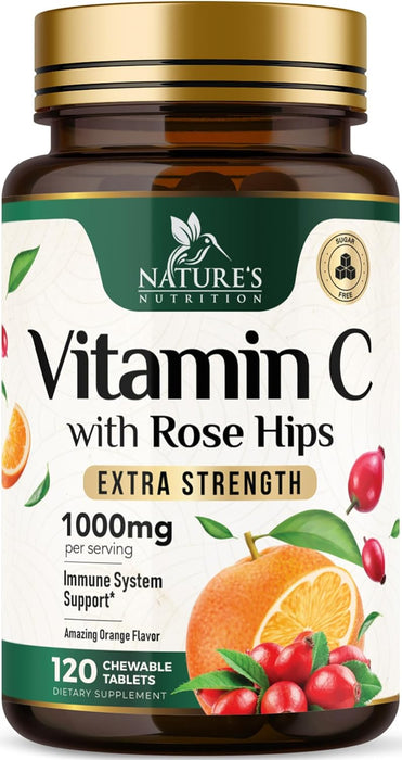 Chewable Vitamin C 1000 mg - Extra Strength Antioxidants for Powerful Immune Support with Vitamin C & Rose Hips - Potent Dietary Vitamin Supplement - Natural, Vegan, Gluten-Free, Non-GMO