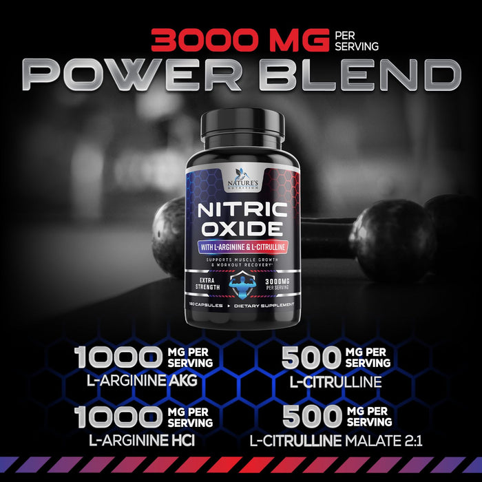 Nitric Oxide Formula with L-Arginine + Citrulline â€“ 3000mg â€“ 180 Capsules
