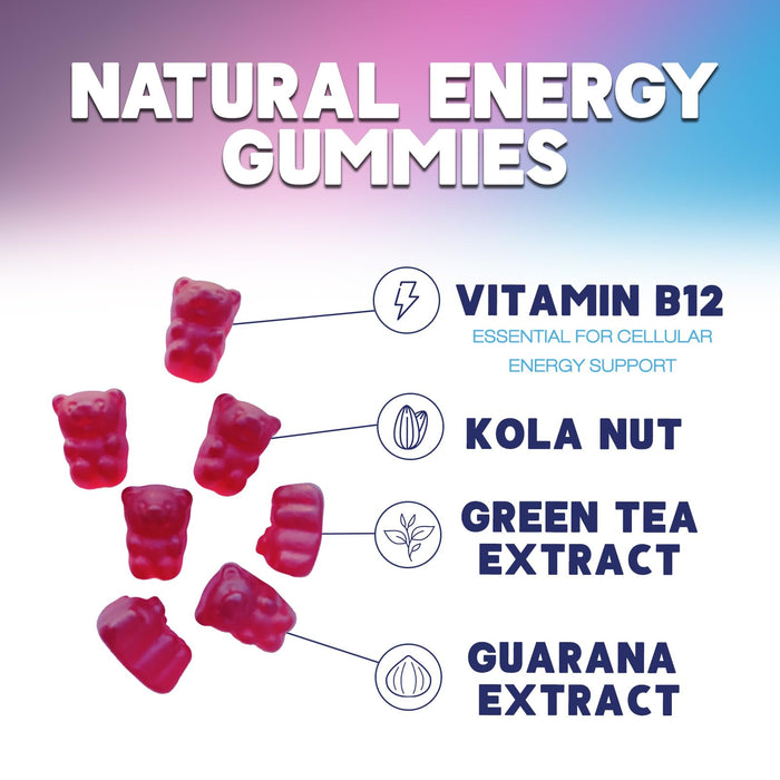 Energy Gummies 1000 mcg Vitamin B12, Green Tea Natural Caffeine Support, Daily Energy Gummies Vitamins, Delicious Berry Flavor B12 Chewable Exercise Supplement for Running Cycling & Sports - 120 Chews