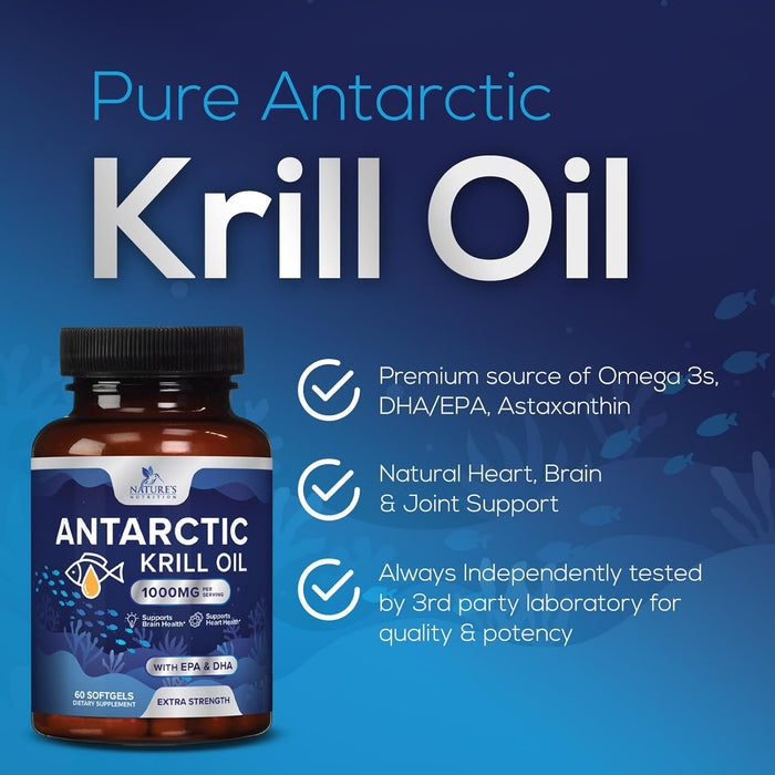 Krill Oil Omega 3 Supplement 1000 mg - Antarctic Krill Oil with Omega-3 EPA, DHA with Astaxanthin Sourced from Red Krill, Brain Health & Immune Support with Phospholipids