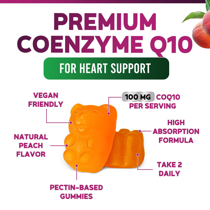 Nature's Nutrition CoQ10 Gummies 100mg – High Absorption Coenzyme Q10 Supplement for Heart Health, Energy & Antioxidant Support – Peach Flavor Gummy, Vegan, Non-GMO, Gluten Free – 60 Count