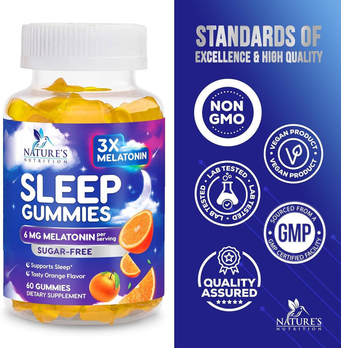 Sleep Melatonin Gummies for Adults Sugar Free - Natural Melatonin Sleep Gummy, Extra Strength Gummy Supplements, Sleep Support Vitamin Supplement, Vegan, Gelatin Free, 6mg, Sleep Gummies - 60 Gummies