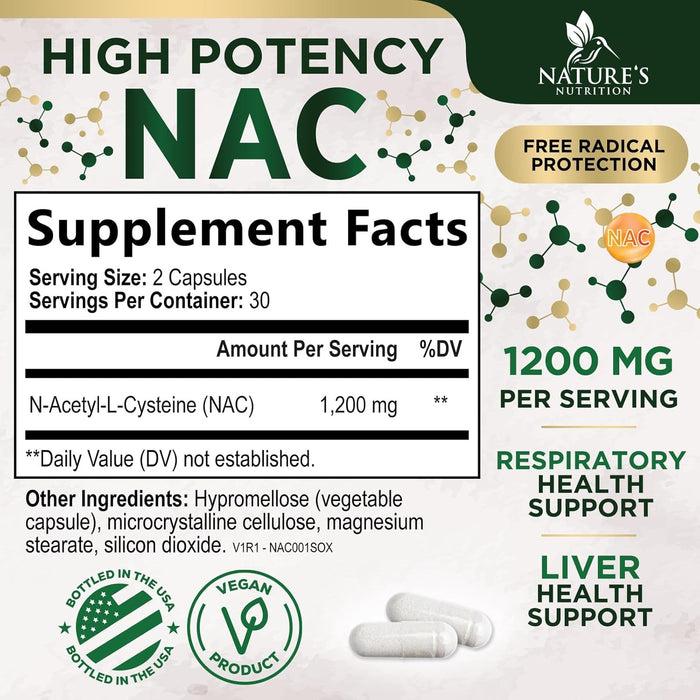 NAC Supplements N-Acetyl L-Cysteine (NAC) 1200 mg - NAC Supplement for Lung Health & Immune Support, Liver Support & Antioxidants, Freefrom N-Acetylcysteine, Gluten Free, Non-GMO
