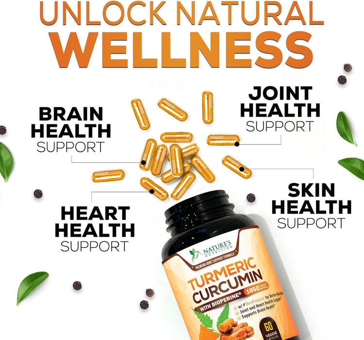 Turmeric Curcumin with BioPerine 95% Standardized Curcuminoids 1950mg - Black Pepper Extract for Max Absorption, Nature's Joint Support Supplement, Herbal Turmeric Pills, Vegan Non-GMO