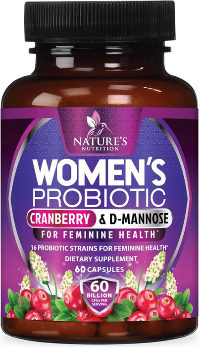 Probiotics for Women with Prebiotics & Cranberry, 60 Billion CFU, Vaginal Women's Probiotic for Immune & Digestive Health, D-Mannose for Urinary Health, Shelf Stable No Soy Gluten Dairy