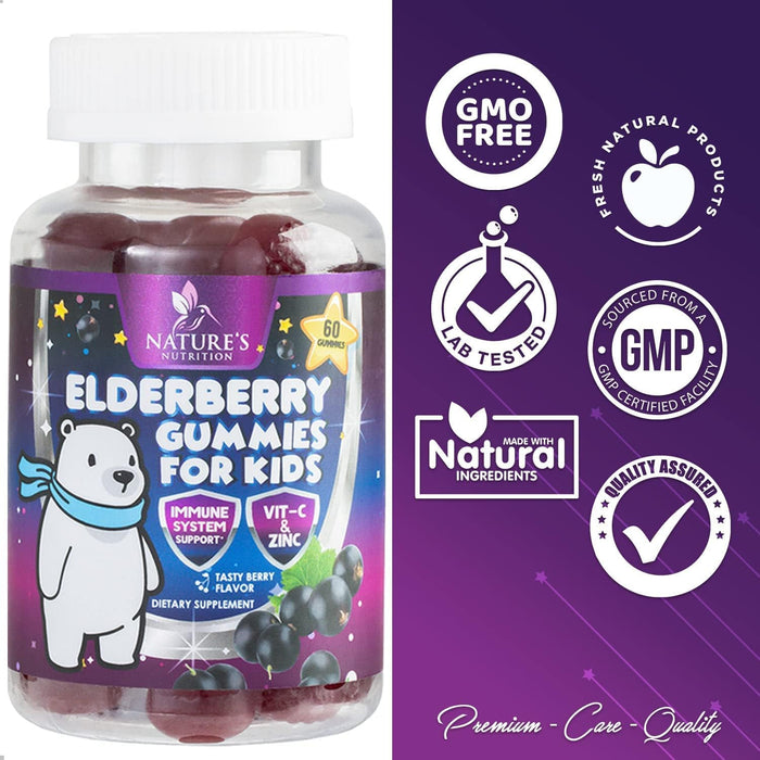 Sambucus Elderberry Immune Gummies for Kids with Vitamin C, Zinc & Elderberry, Daily Childrens Immune Support Vitamins Gummy Children Ages 2 Up, Natures Supplement, Non-GMO, Berry Flavor