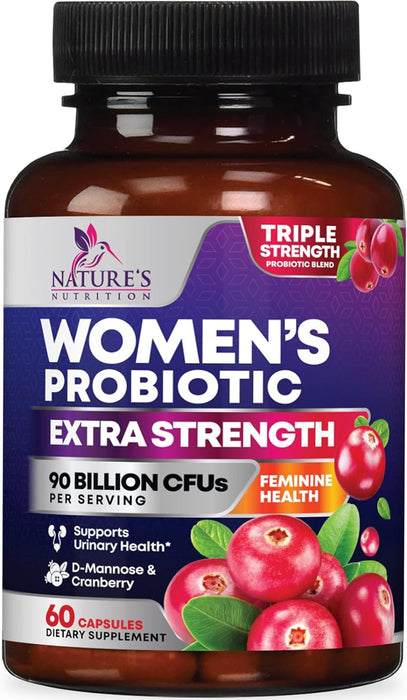 Nature's Nutrition Formulated Probiotics for Women with Prebiotics - Womens Probiotic for Digestive, Vaginal, Urinary Support, 90 Billion CFU & 16 Diverse Strains, Cranberry & D-Mannose