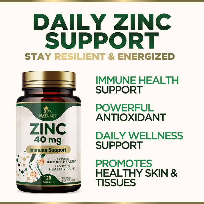 Zinc 40mg Supplements for Women and Men, Supplement for Immune Health Support, Skin Health Support, & Antioxidant Supplement for Adults with Zinc Gluconate 40 mg, High Potency, Non-GMO