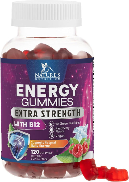 Energy Gummies 1000 mcg Vitamin B12, Green Tea Natural Caffeine Support, Daily Energy Gummies Vitamins, Delicious Berry Flavor B12 Chewable Exercise Supplement for Running Cycling & Sports - 120 Chews