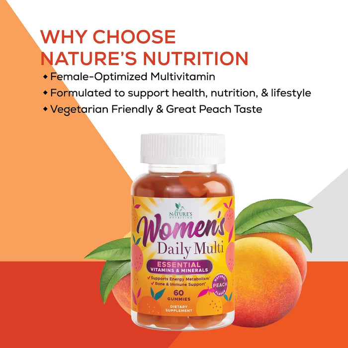 Womens Multivitamin Gummies - Complete Daily Multi with Vitamins A, B6, C, D3 & E Plus Calcium & Zinc for Energy & Immune Health - Nature's Peach Flavored Gummy Supplement for Women