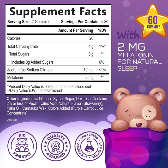 Kids Sleep Gummies, 2mg Melatonin, Nature's Effective & Drug-Free Restful Sleep Support Supplement, Childrens Melatonin Gummy for Ages 4 & Up, Vegan, Non-GMO, Natural Color & Berry Flavor