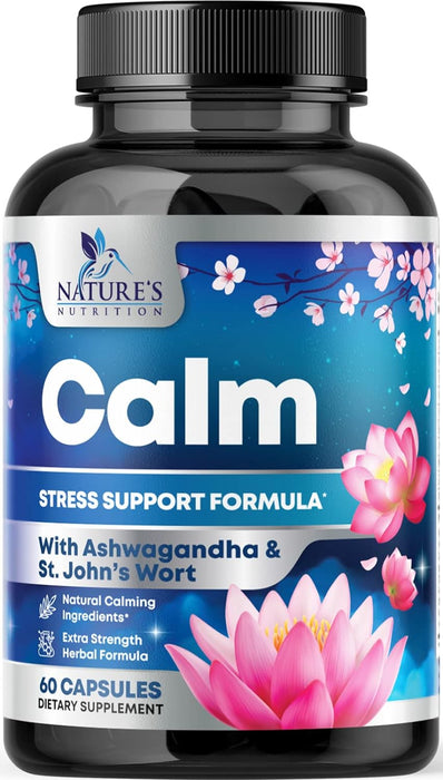 Nature's Nutrition Calm & Stress Support Supplement - with Magnesium, Ashwagandha, 5-HTP, L-Theanine, GABA - Natural Stress & Immune Support to Relax, Focus, Unwind - Vegan & Non-GMO