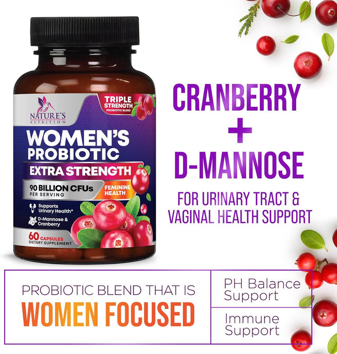 Nature's Nutrition Formulated Probiotics for Women with Prebiotics - Womens Probiotic for Digestive, Vaginal, Urinary Support, 90 Billion CFU & 16 Diverse Strains, Cranberry & D-Mannose