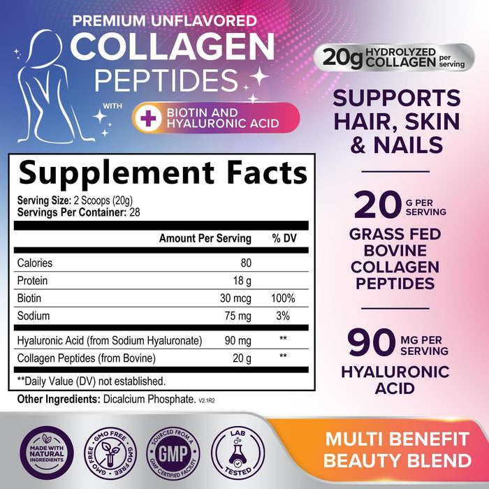 Collagen Peptides Powder + Hyaluronic Acid - Unflavored, 28 Servings