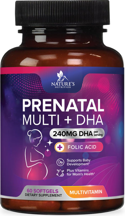 Prenatal Vitamins with Folic Acid & DHA, Fetal Brain Development Support with Folate & Omega 3's, Prenatal Multivitamin for Women, Vitamin A, C, D, B6, B12 & Iron, Pregnancy Supplement - 60 Softgels